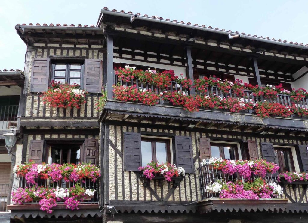 La alberca fachada con balcon con flores